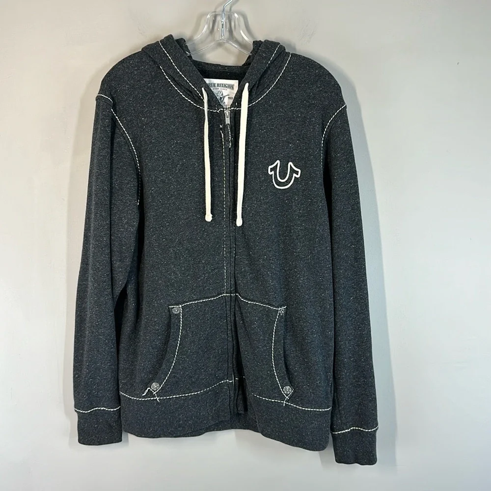 True Religion Men Gray Zip Up Jacket Hoodie Sz XL Buddha Logo Contrast Stitching